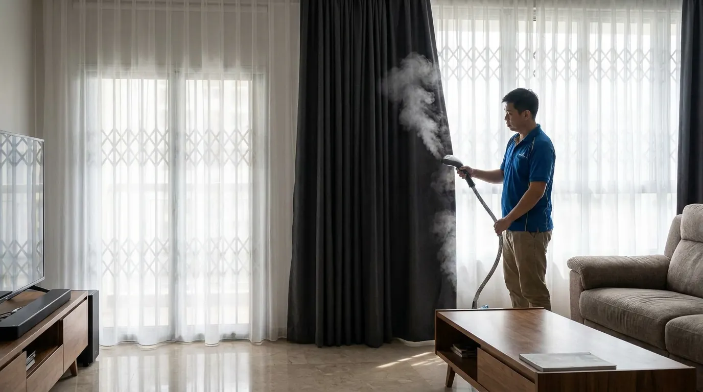 Layered sheer and blackout curtains being steam cleaned in place in a Singapore HDB living room, window grilles behind the fabric