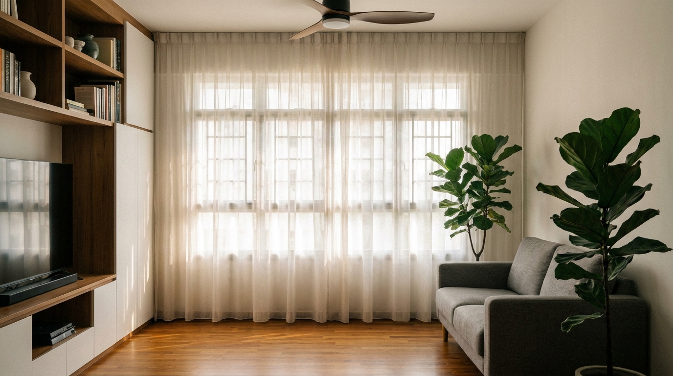 Singapore HDB living room with sheer cotton curtains diffusing afternoon light, window grilles visible, indoor plant