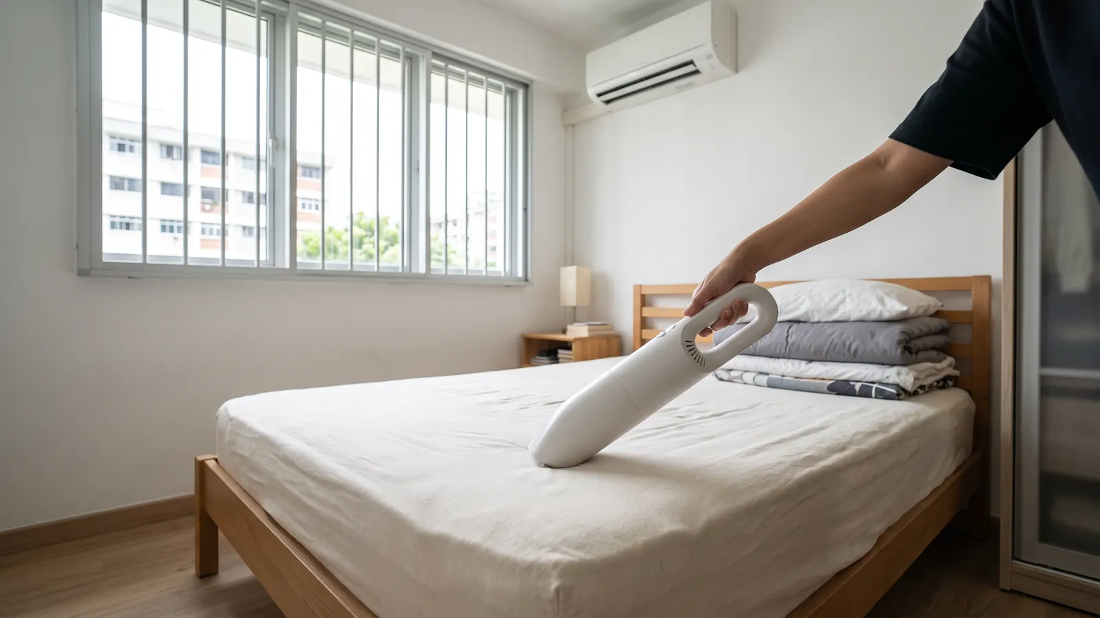 Dust mite vacuum being run over a bare mattress in a Singapore HDB bedroom with window grilles and a wall aircon