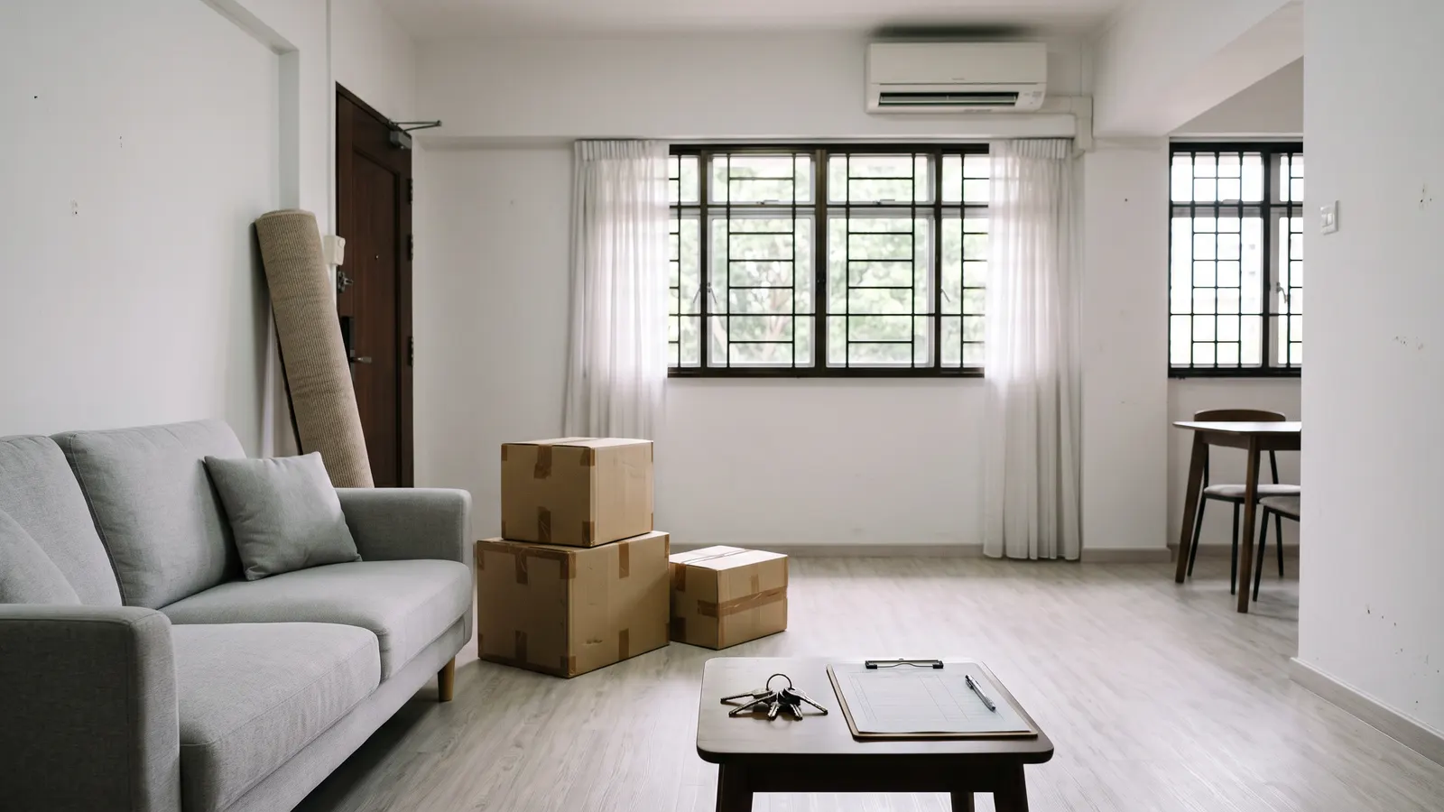 End of tenancy cleaning in a furnished Singapore HDB flat: grey fabric sofa, sheer curtains, a rolled rug and packing boxes, with keys and a handover checklist on the table