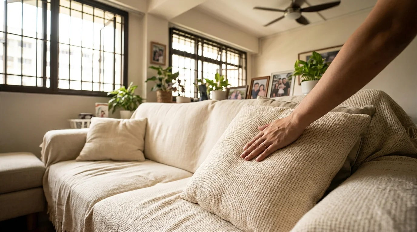 Hand resting on the woven fabric texture of a sofa cushion in a bright Singapore HDB living room