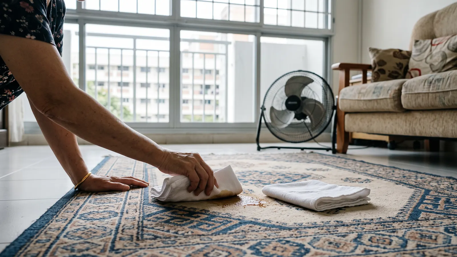 Hands blotting a spill on a carpet at home with a white cloth in a Singapore HDB living room, standing fan behind