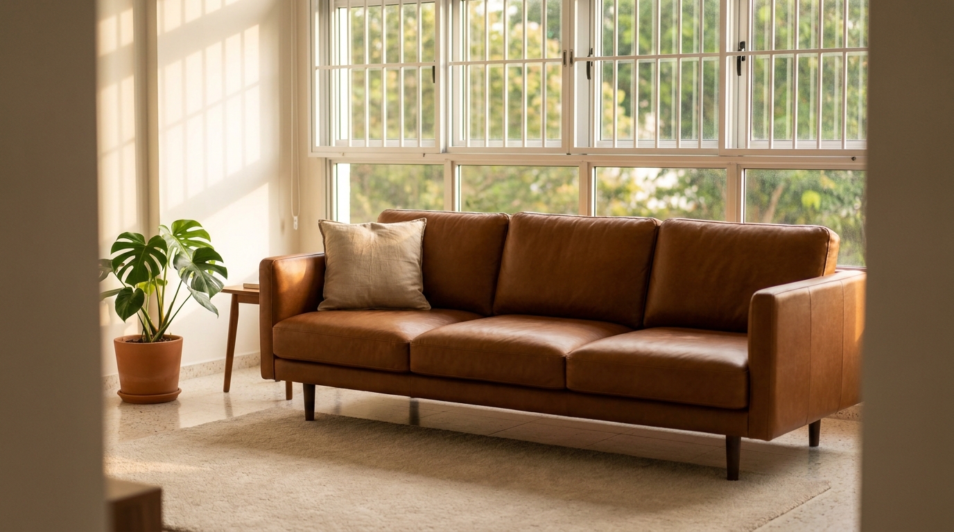 Cognac brown leather sofa in a bright Singapore HDB living room with afternoon light through window grilles