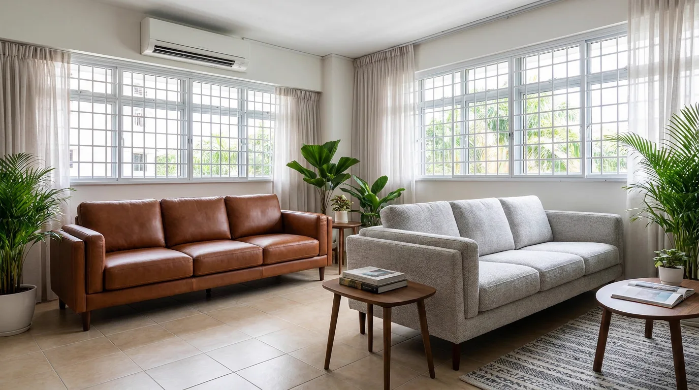A leather sofa and a fabric sofa side by side in a bright Singapore HDB living room, comparing sofa materials for a humid climate