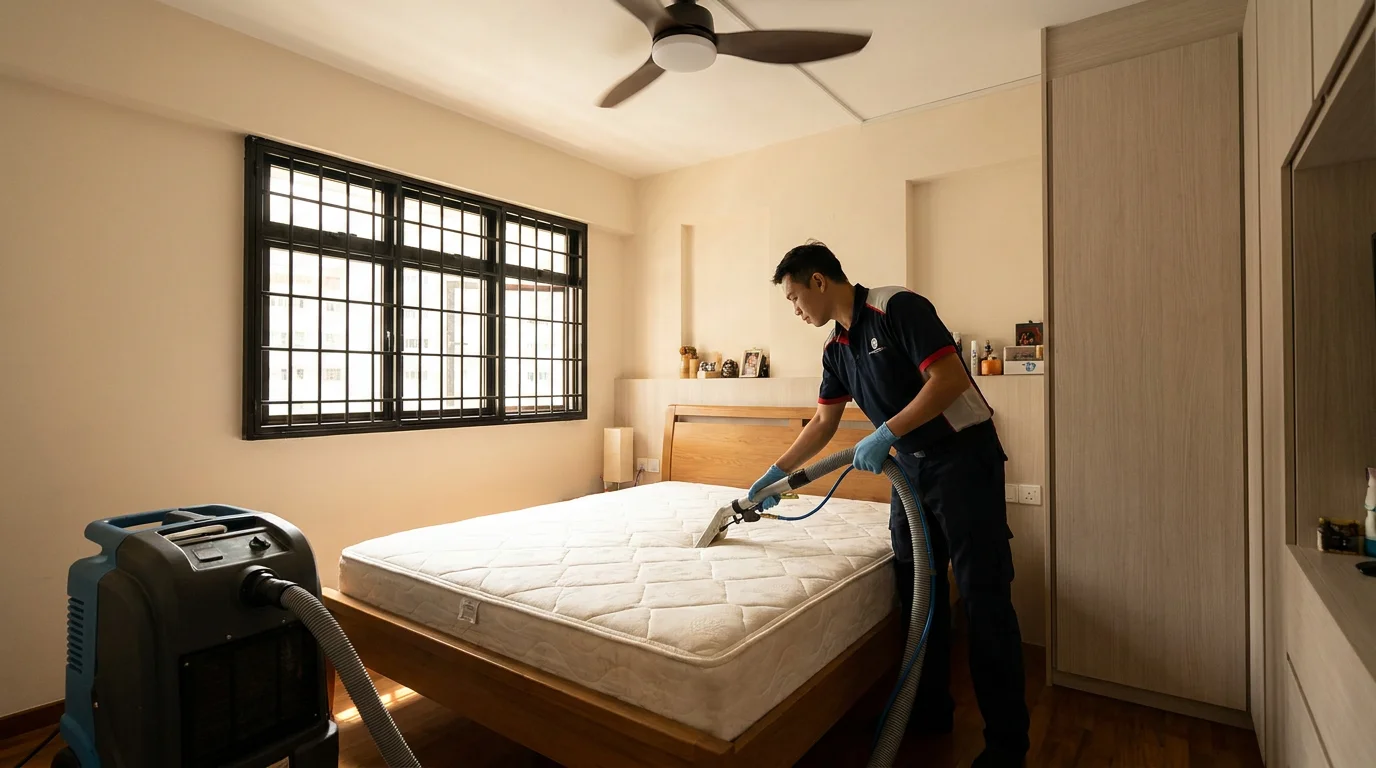 Technician performing deep water-extraction cleaning on a mattress in a bright Singapore HDB bedroom with window grilles