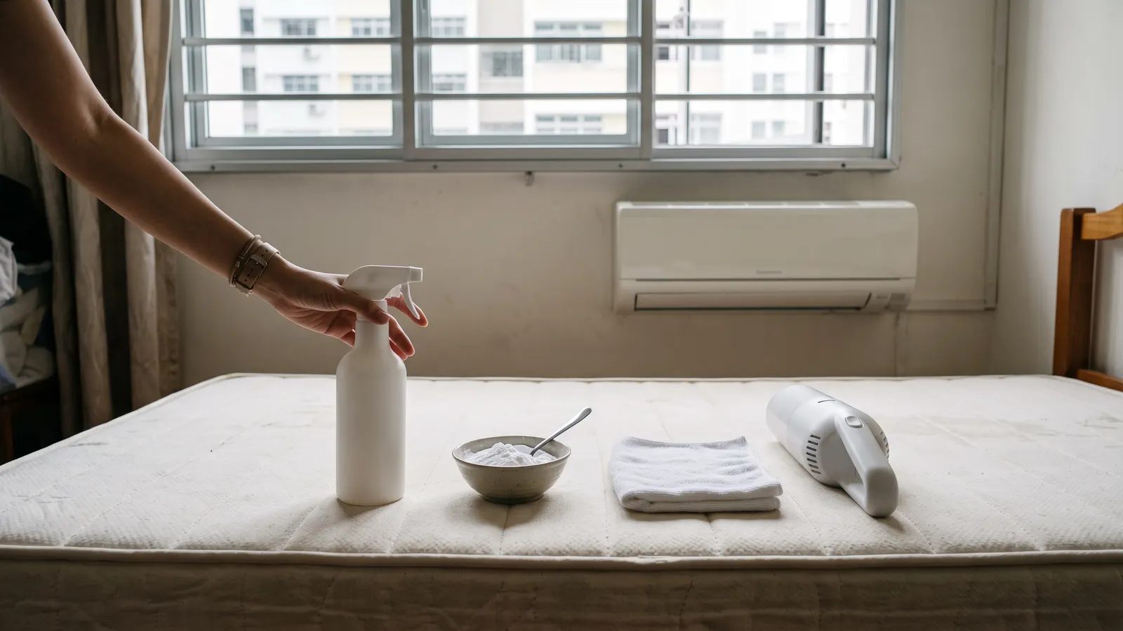 Mattress cleaner spray, baking soda and a handheld vacuum on a stripped bed in a Singapore HDB bedroom