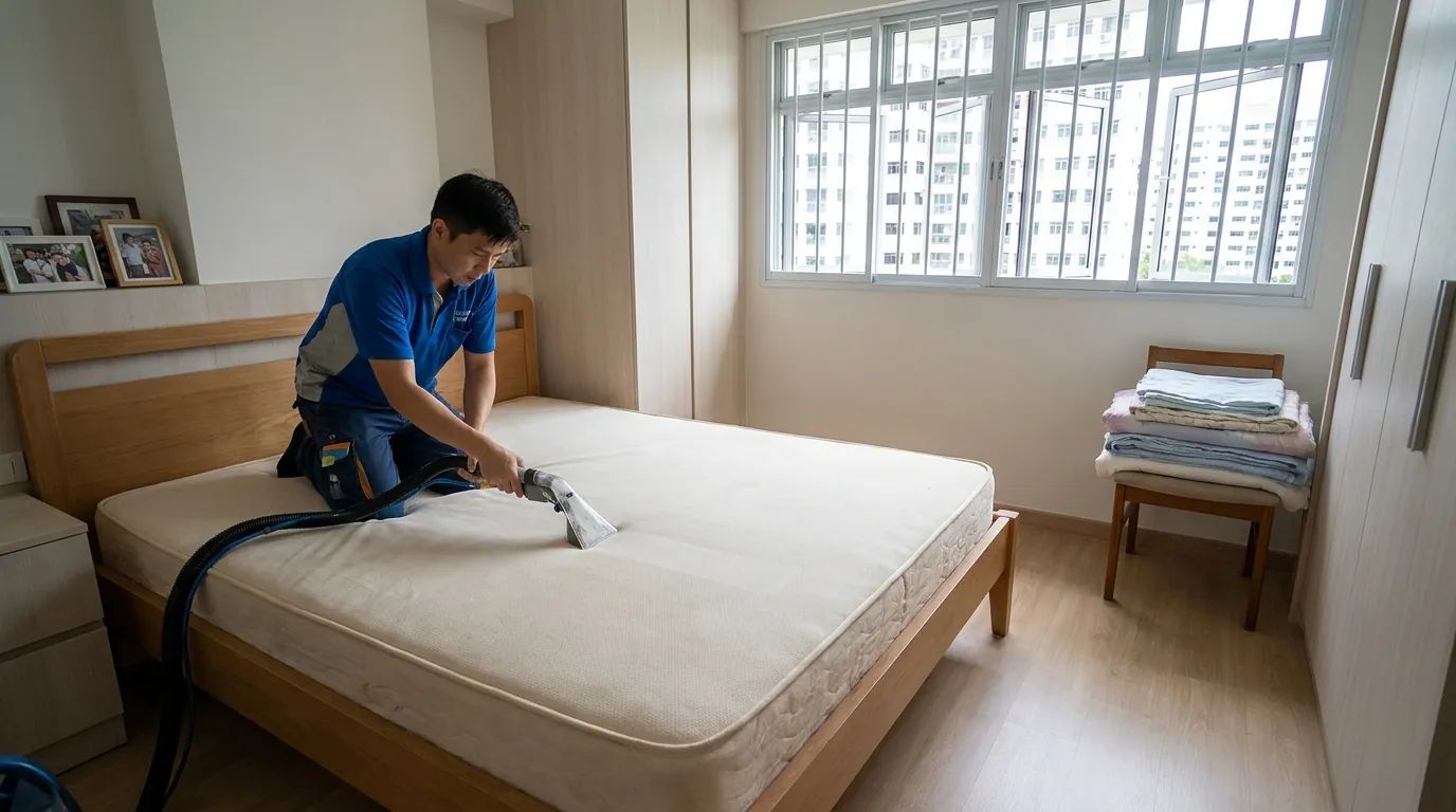 Technician deep cleaning a queen mattress by extraction in a compact Singapore HDB bedroom with window grilles