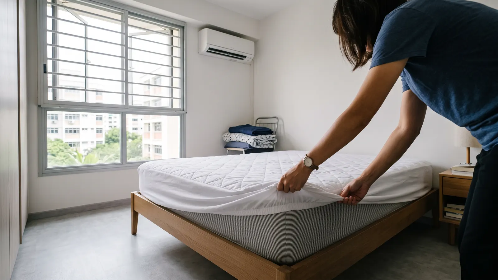 Person fitting a white waterproof mattress protector over the corner of a mattress in a Singapore HDB bedroom with window grilles and a wall aircon