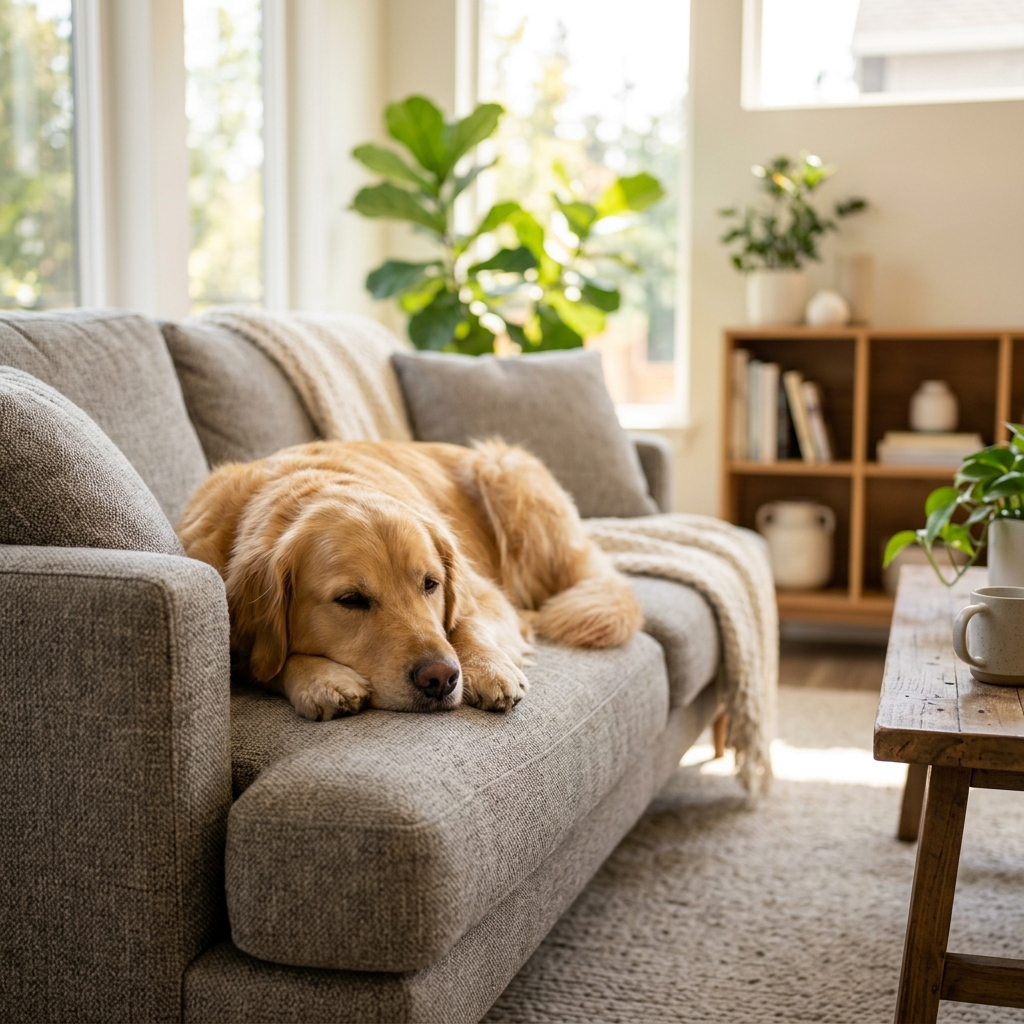Golden retriever lounging on a clean beige sofa