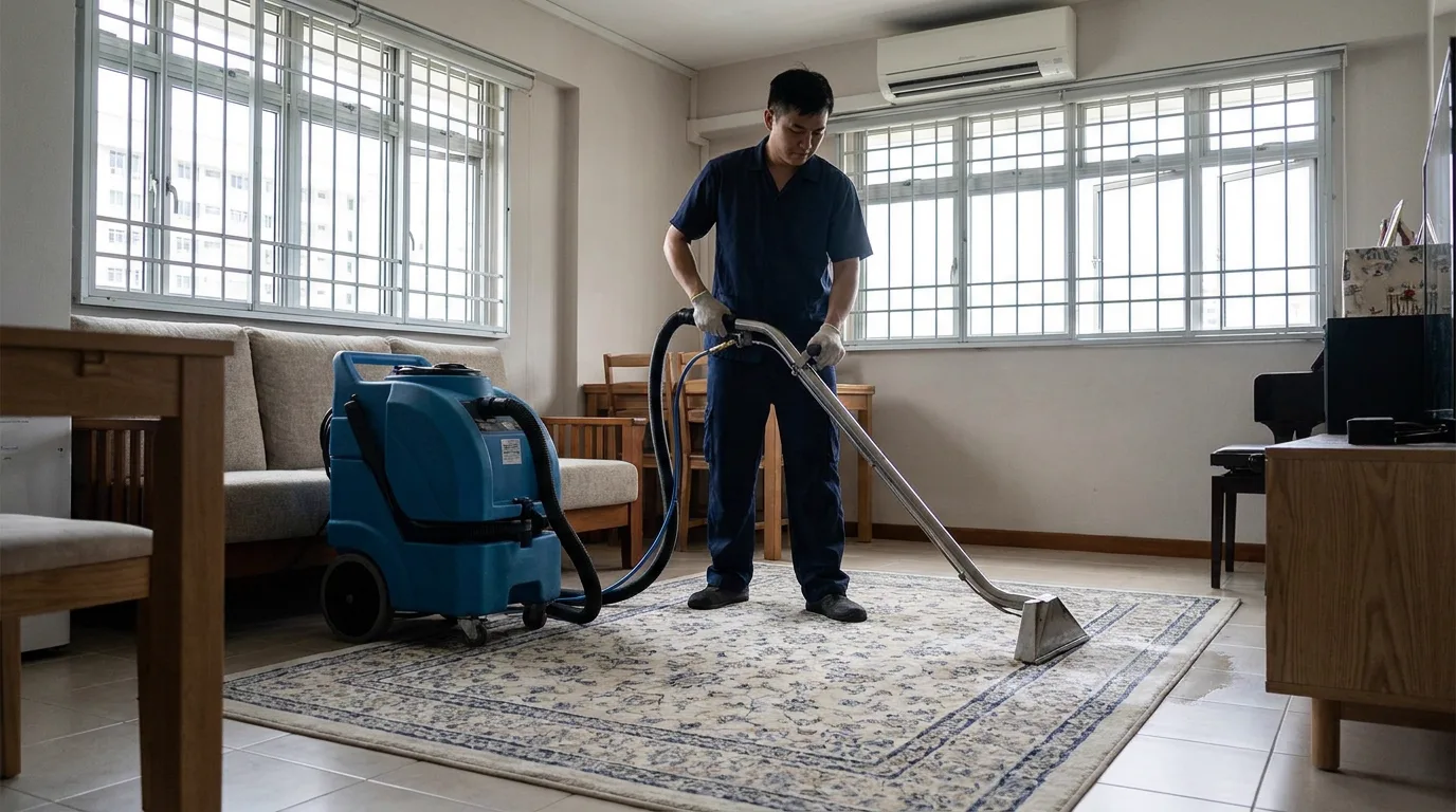 Technician cleaning a patterned wool area rug by water extraction in a Singapore HDB living room