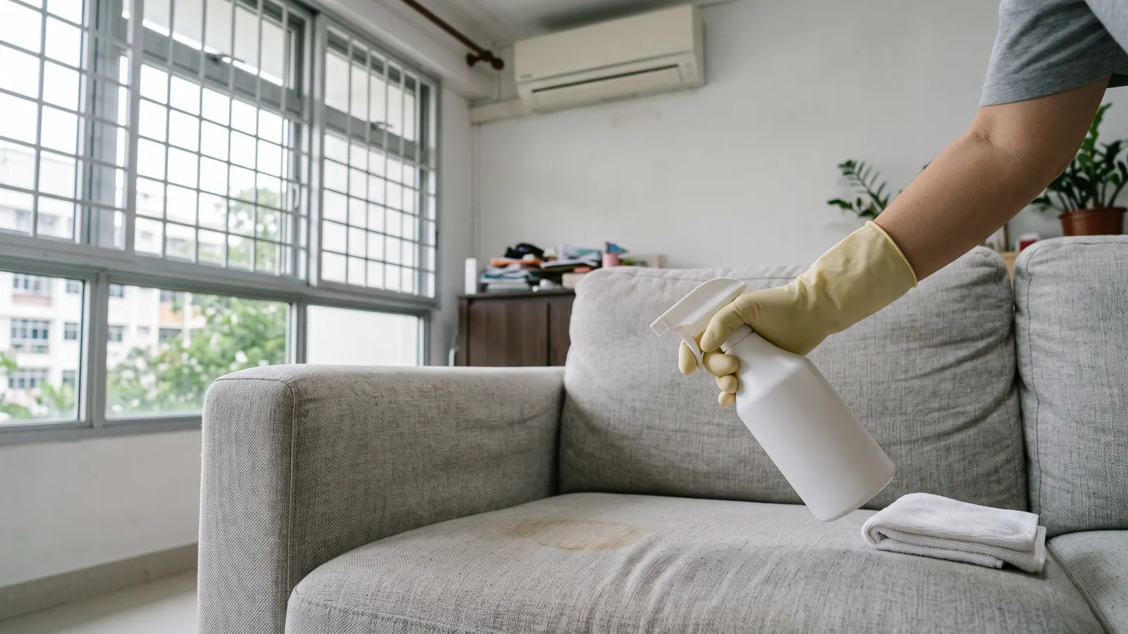 Gloved hand holding a fabric sofa cleaner spray bottle over a stain on a grey fabric sofa in a Singapore HDB living room