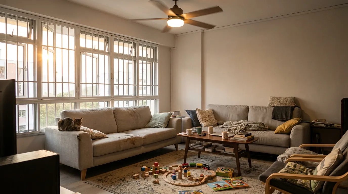 Lived-in fabric sofa with a cat on the armrest in a Singapore HDB living room, toys on the floor, evening light