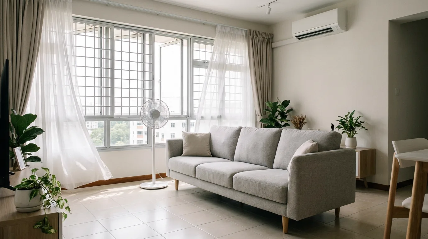 Person leaning close to a fabric sofa in a humid Singapore HDB living room, checking it for a musty damp smell