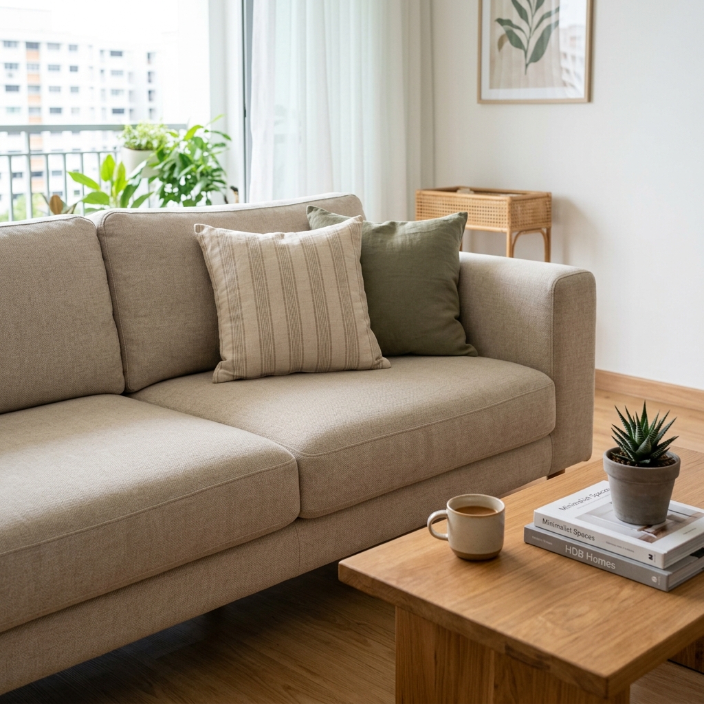 Beige fabric sofa in a clean Singapore living room with cushions and a coffee table