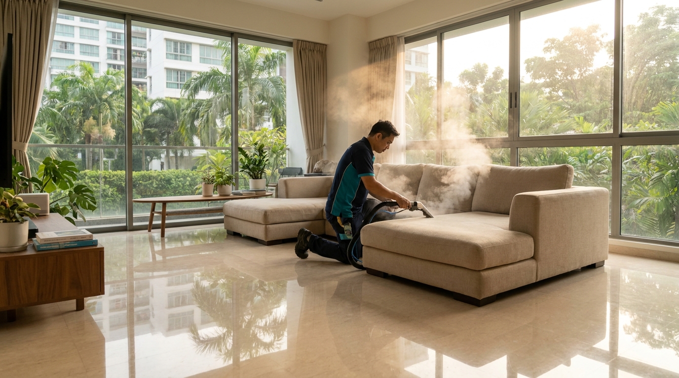 Professional cleaner using a hot water extraction wand on a fabric sofa in a Singapore HDB living room, visible steam vapor in the air