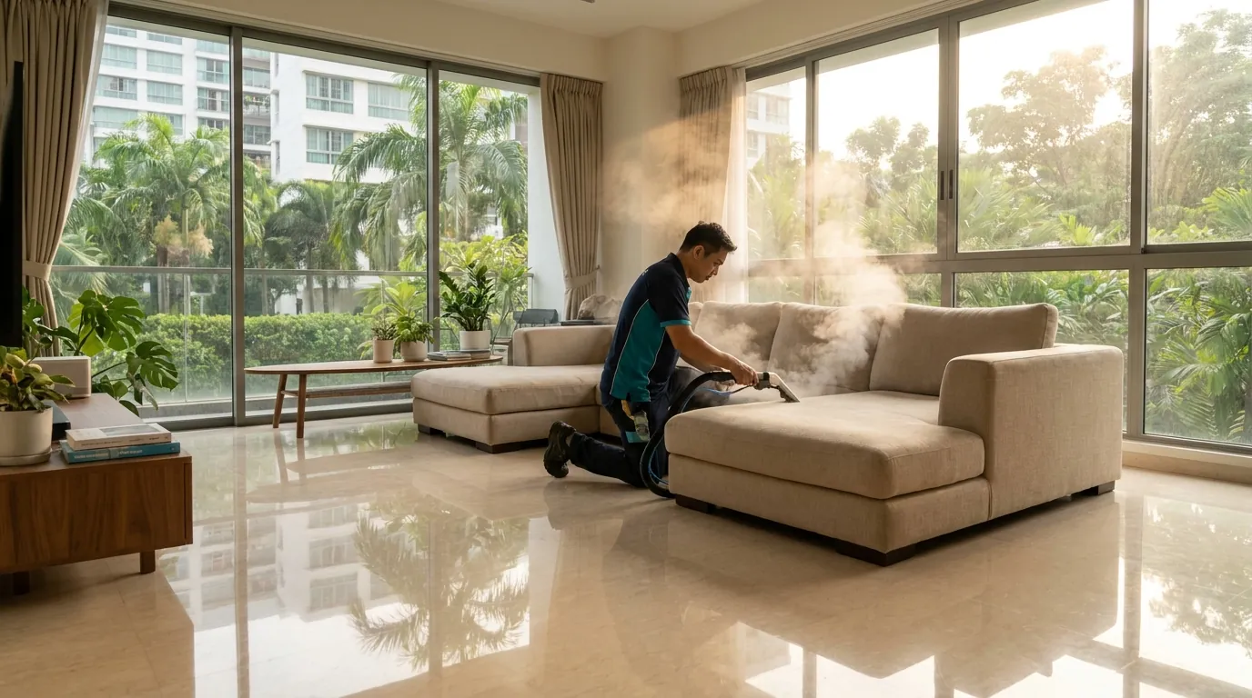 Professional cleaner using a water extraction wand on a fabric sofa in a Singapore HDB living room