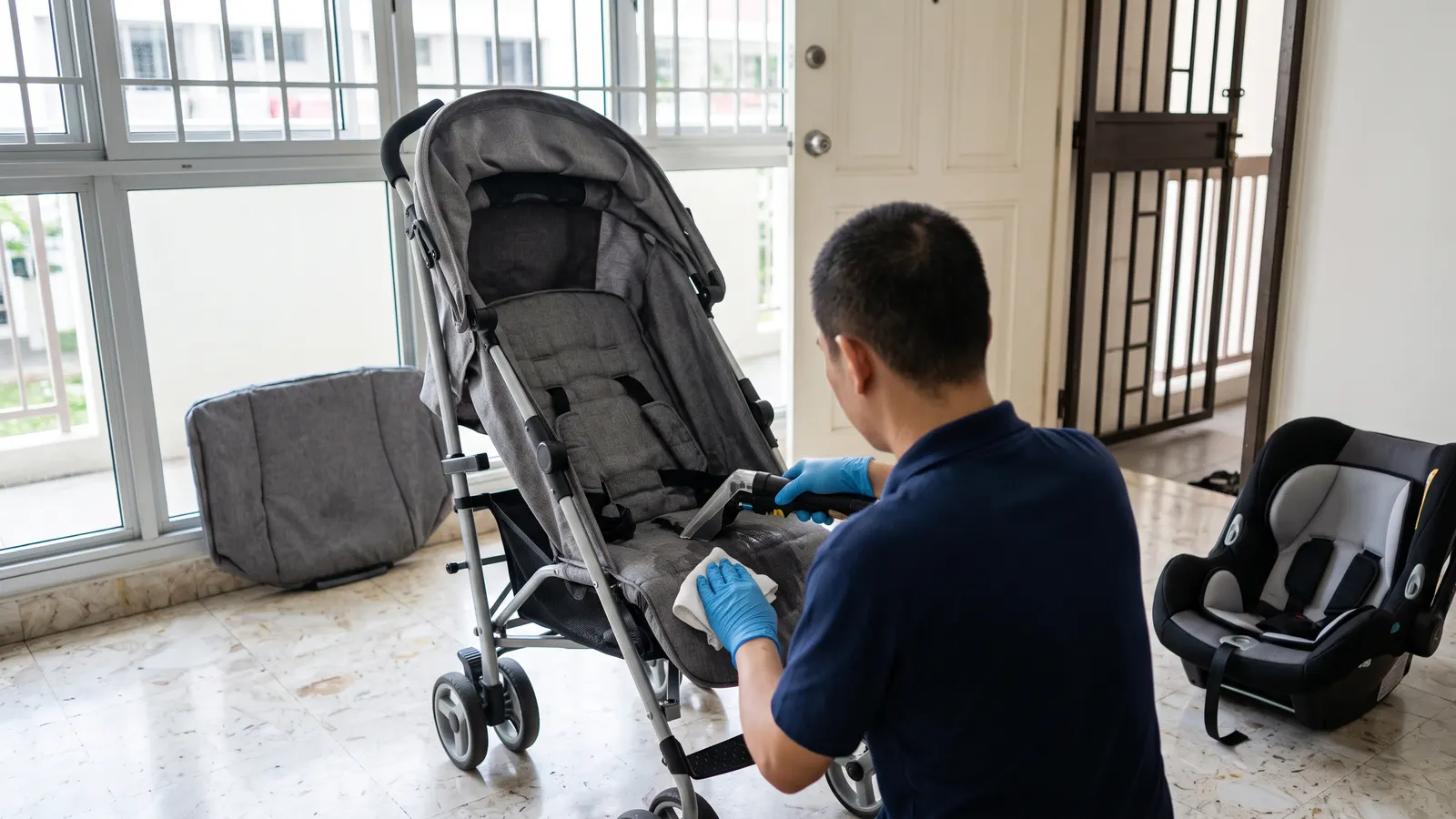 Stroller cleaning service in Singapore: a technician deep cleaning the seat fabric of a baby stroller in an HDB living room