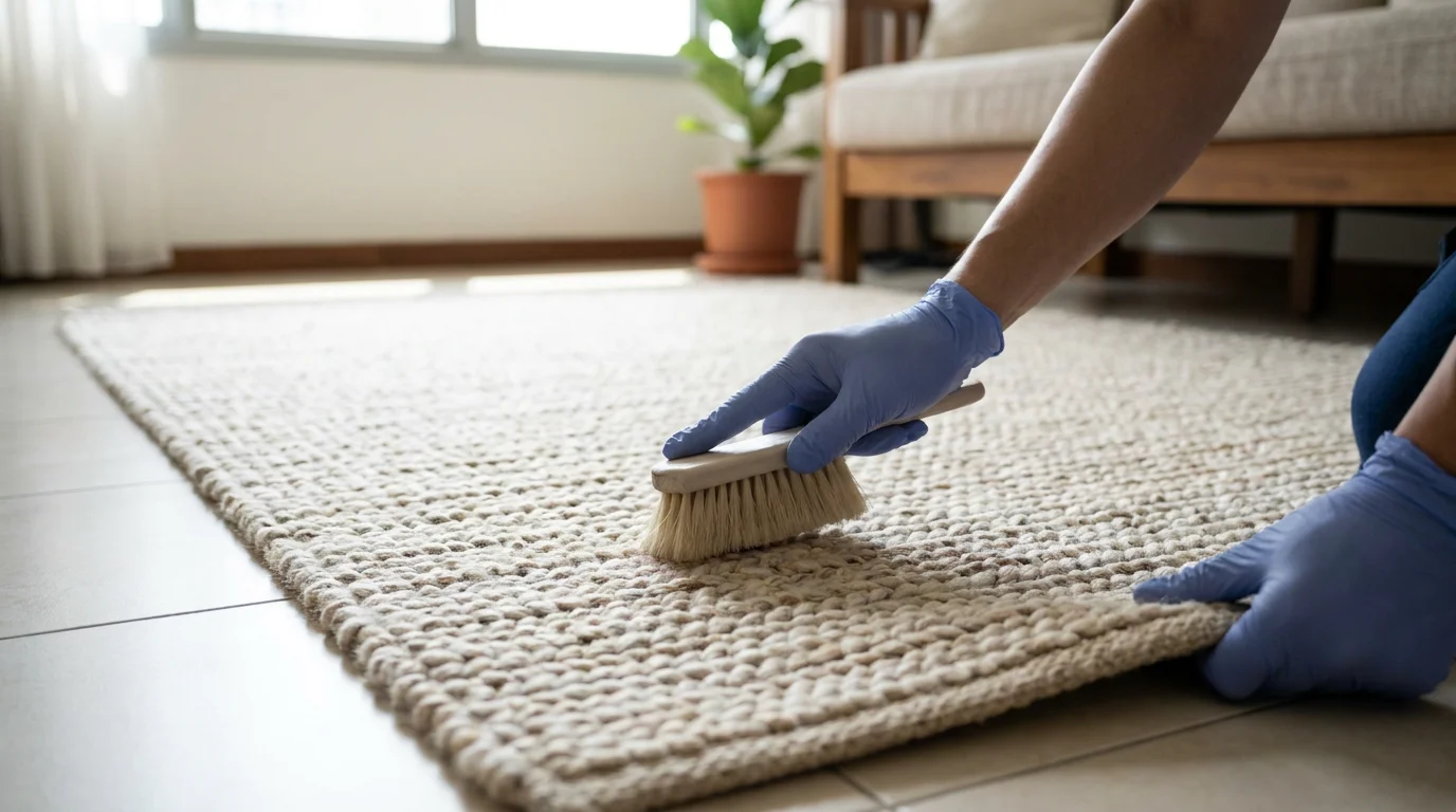 Technician's gloved hands gently cleaning a textured wool area rug on a tiled floor in a Singapore HDB living room